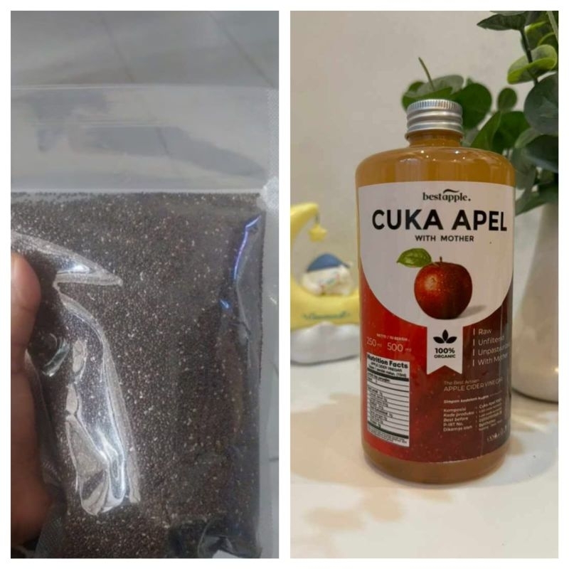 

PAKET COMBO DIET CUKA APEL PLUS CHEASEED || PAKET DIET CUKA APEL 500 ML PLUS CHEASEED 250 GR