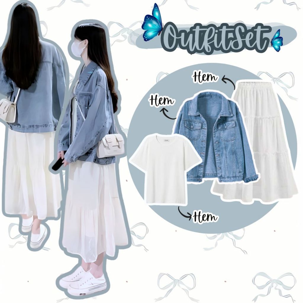 One Set Wanita Korean Style / Oneset Hijab OOTD / ( Rok Ruffle Jaket Jeans Cardigan Ootd Hijab Ootd 
