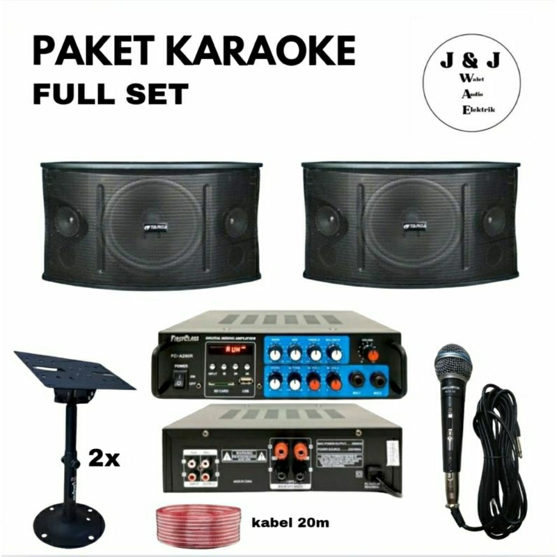 SET PAKET SOUND SYSTEM KARAOKE SPEAKER TARGA 8 INCH AMPLIFIER FIRSTCLASS STAND GANTUNG BLACK SPIDER 