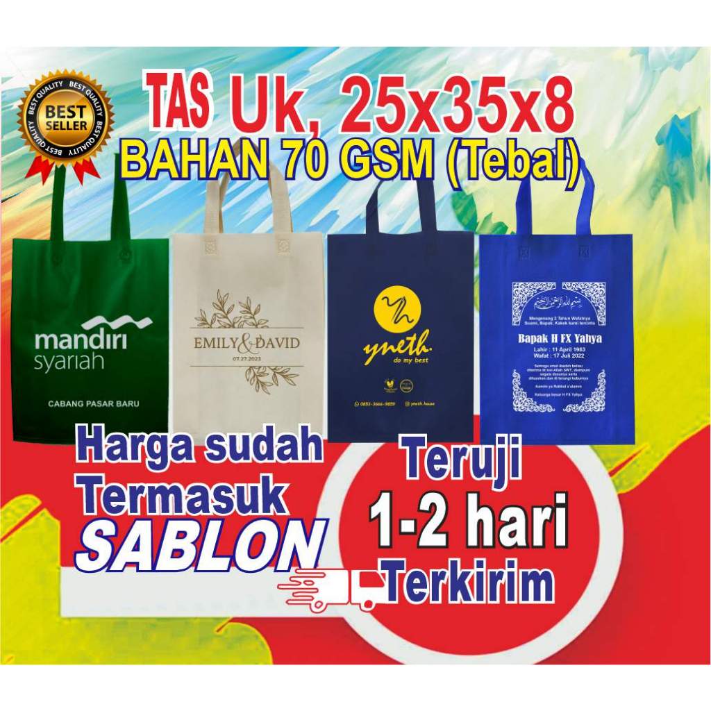 

PROMO HARI INI PLUS CETAK SABLON Uk 25x35x8 tas Idul adha, Tas sablon nama, Tas Hut RI, Tas kurban, Tas Seminar, Tas Khitanan, Tas souvenir Pernikaha, Tas Haji dan Umroh, Tas bingkisan, Godybag coustom, tas Tahlilan, sablon tas, tas Promosi, tas sembako