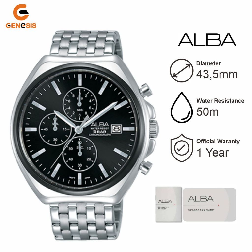Jam Tangan Pria ALBA AM3471 Chronographj Dial Hitam Strap Rantai Stainless Steel Original
