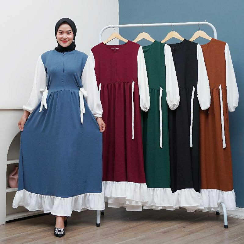Gamis cringkel kombinasi putih, Bahan cringkel premium Gamis Wanita Gamis putih wanita kekinian Gami