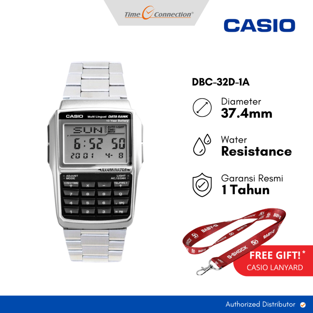 Casio DBC-32D-1A Stainless Steel Original / Jam Tangan Pria Digital Rantai Kalkulator Data Bank