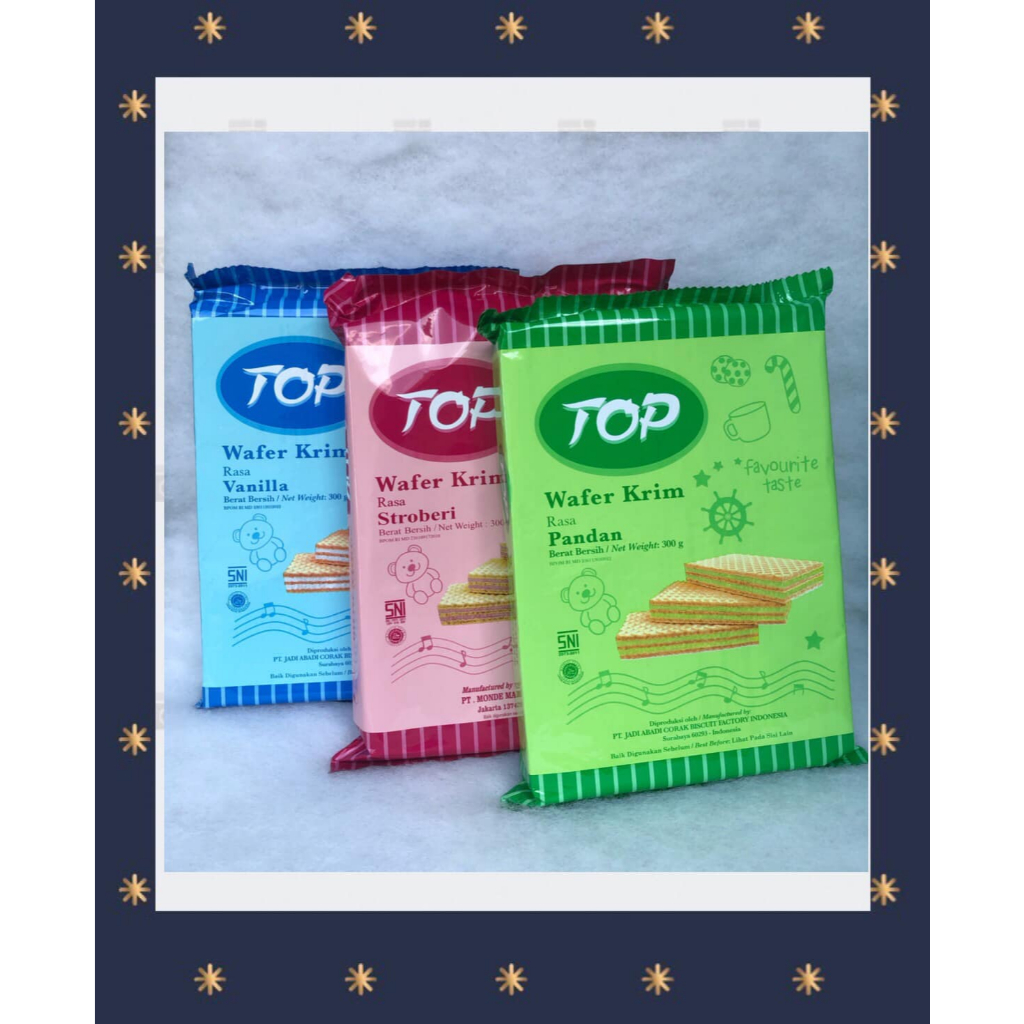 

Wafer Top Rasa Coklat Strawberry Pandan Vanilla 250gr