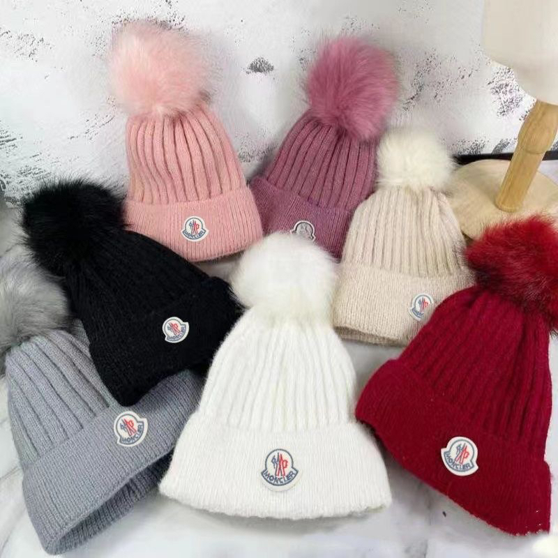 Moncler Topi wol baru topi bola bulu rubah hangat, Beanies