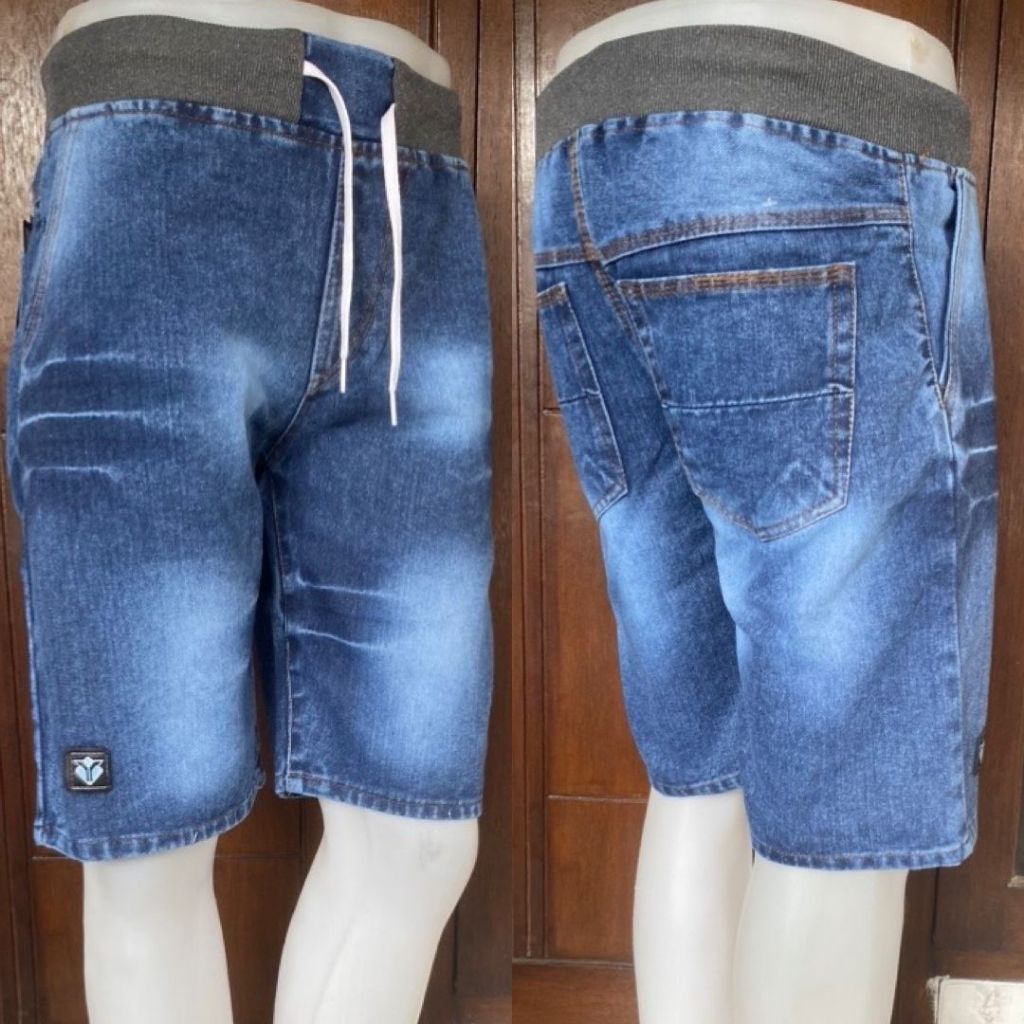 Celana Pendek Pria Jeans Ringkel Warna Snow Black Blue Cowok Cowo Laki2 Pinggang Karet Melar Tali Ko