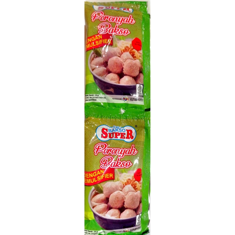 

TEPUNG KHUSUS PERENYAH BAKSO DENGAN EMULSIFIER, CAP BAKSO SUPER, 20 GR. JUAL PER 6 BUNGKUS @20 GRAM