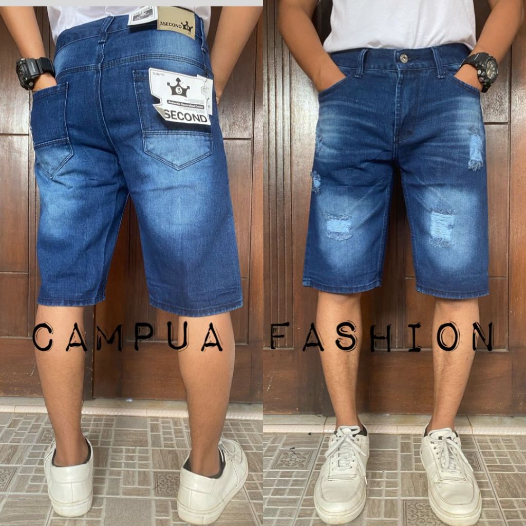 Celana Pendek Sobek Robek Jeans Pria 3 Second Cowo Cowok Dewasa Ukuran Big Size Jumbo Besar Murah Ke