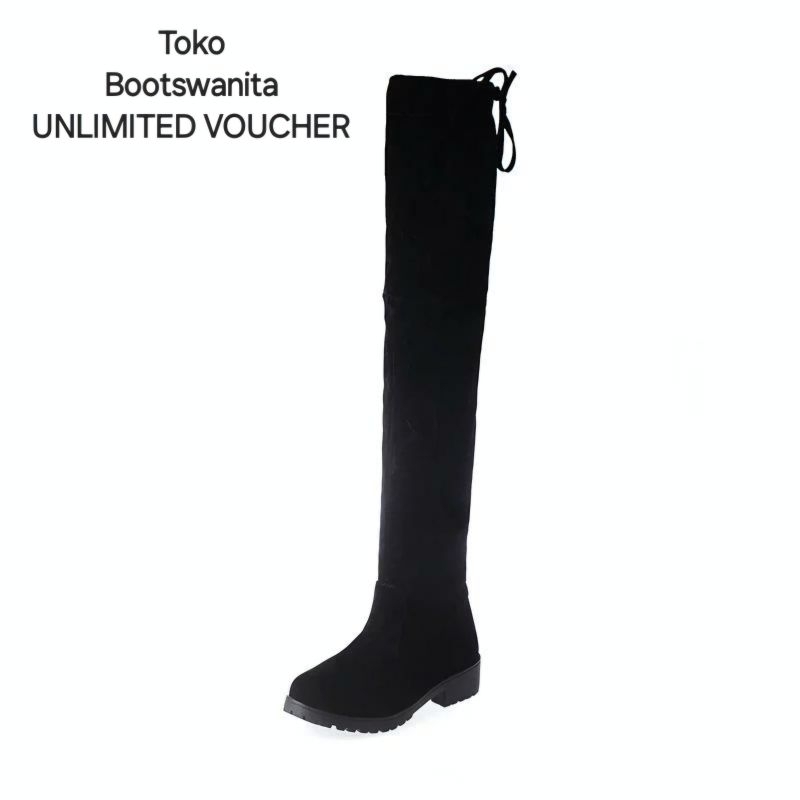 Knee Boots Panjang Atas Lutut Hitam Flat Wanita B25 Ukuran 35 - 42