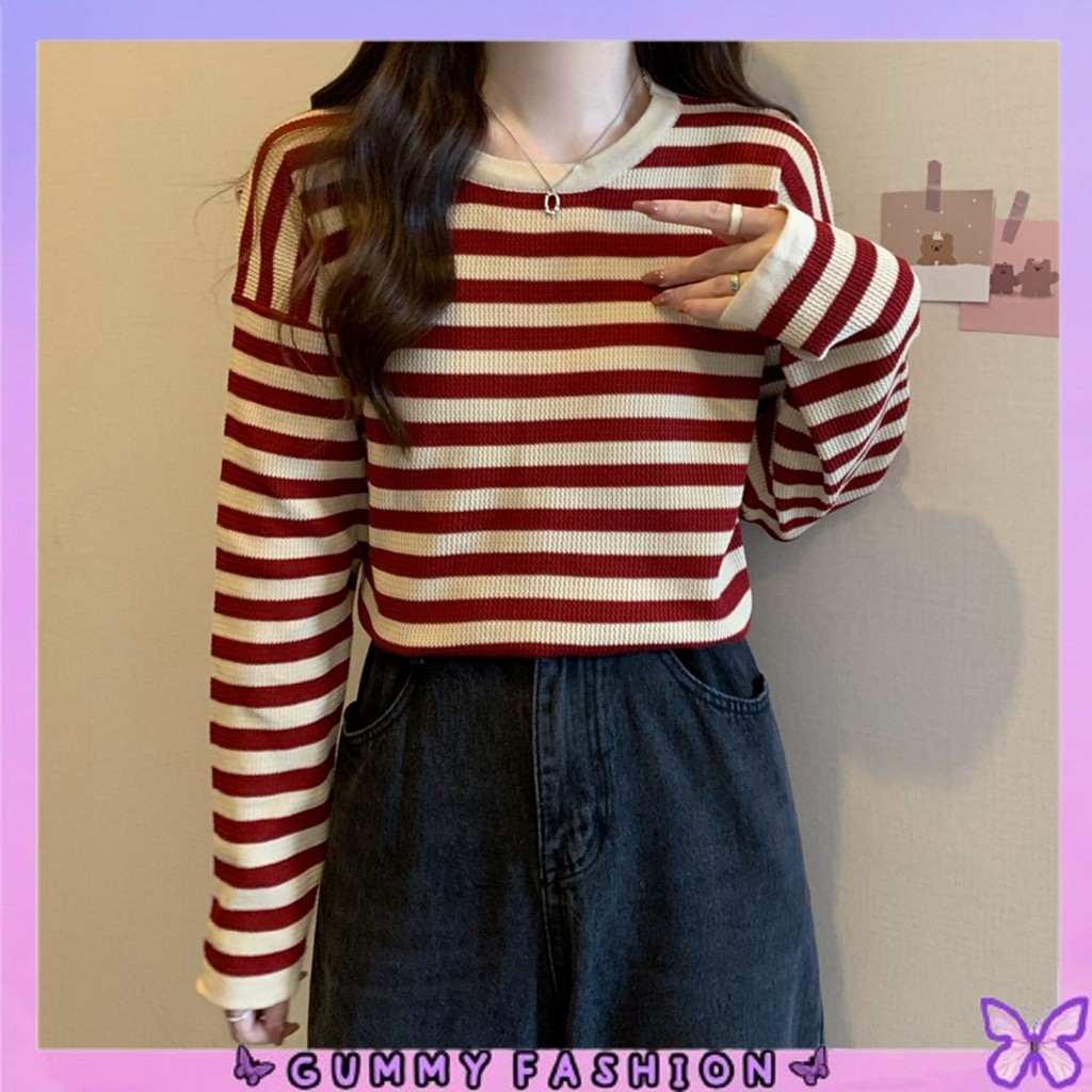 •GUMMY•BJ1685 Baju Atasan Rajut Wanita Motif Belang lengan Panjang Rajut Korea Top Salur Fashion