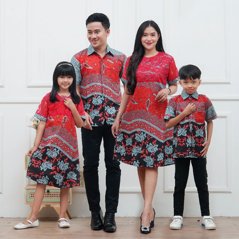 Couple Keluarga Dress Brokat Cantik Baju Batik Couple Pria wanita Anak-Anak Dewasa Lengan Pendek Out