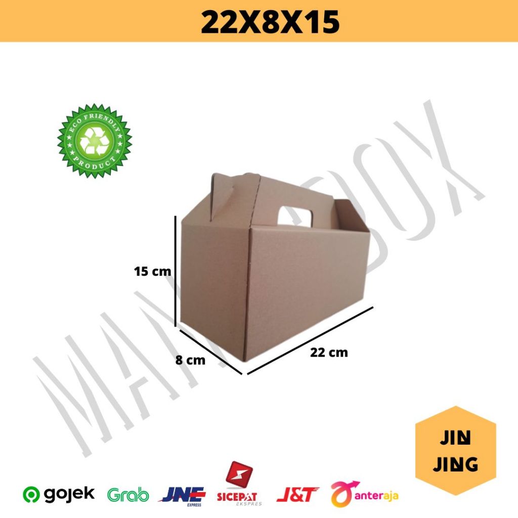 

kardus ukuran 22x8x15 cm model jinjing / gable box hampers, hadiah, kado bahan coklat luar dalam