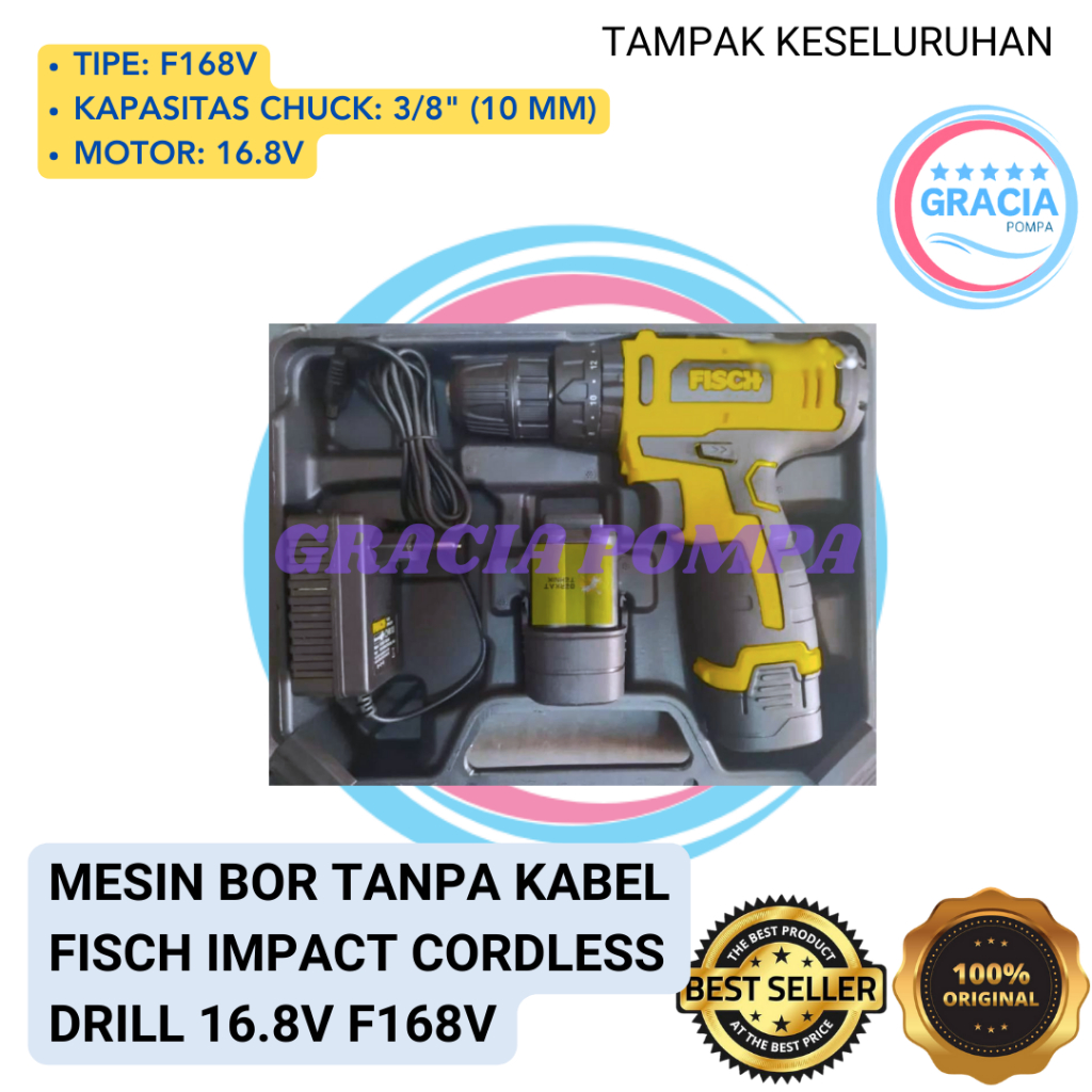 Mesin Bor Tanpa Kabel FISCH IMPACT CORDLESS DRILL 16.8V F168V Original Berkualitas - GRACIA POMPA