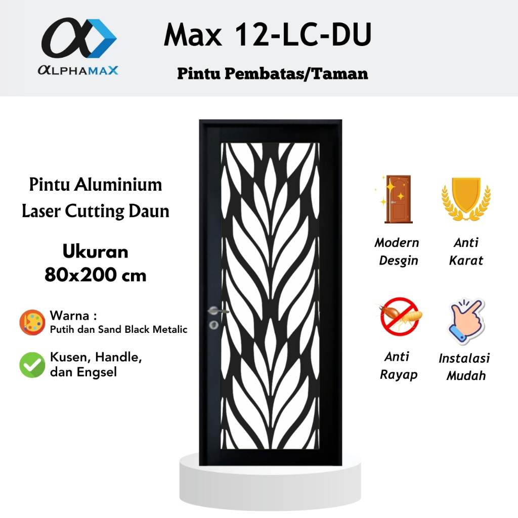 Pintu Aluminium Rumah Max 12-LC-DU Pintu Alumunium Laser Cutting Daun Kaca Polos Clear 80x200 cm