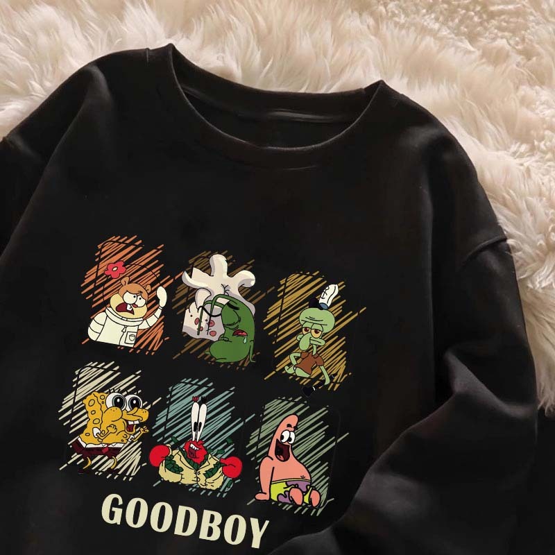 Pola kartun spongebob|Sweater Oversize Wanita Korean|Sweater wanita 100%cotton|Sweater Hitam