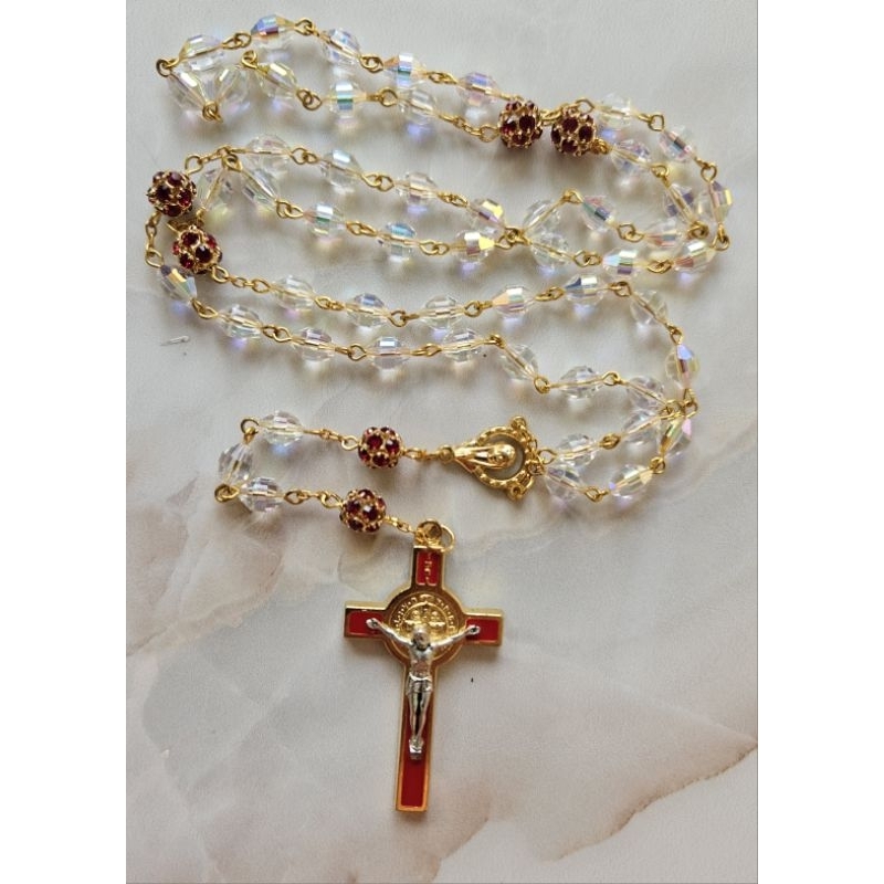 SR-17: Rosario Swarovski Austria Asli Round AB White/Swarovski Stones Rosary, White Round AB, 8 mm.