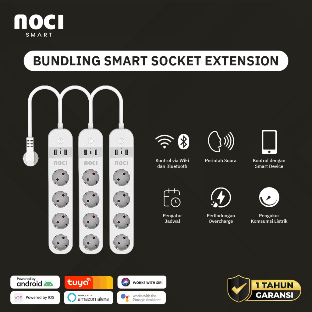 BUNDLING (Paket 3pcs) Noci Smart Stop Kontak Colokan Cable Extension 4 Sockets Wireless WiFi + Bluet