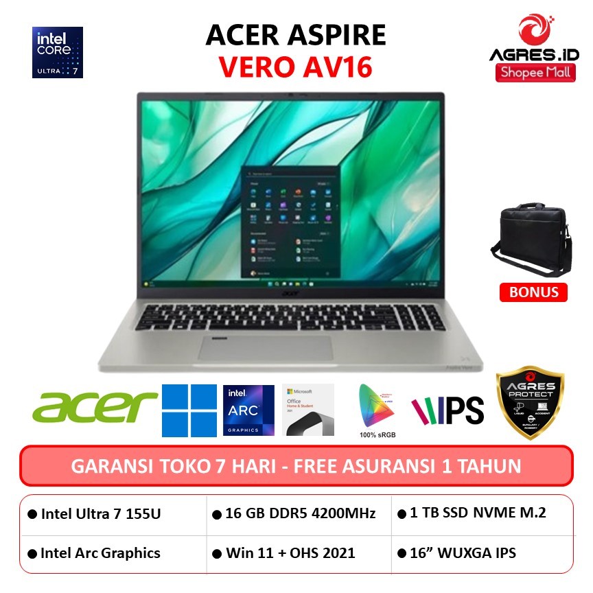 ACER ASPIRE VERO AV16 ULTRA 7 155U 16GB 1TB W11+OHS 16.0WUXGA 100SRGB BLIT FP EVO GRY -51P.735D