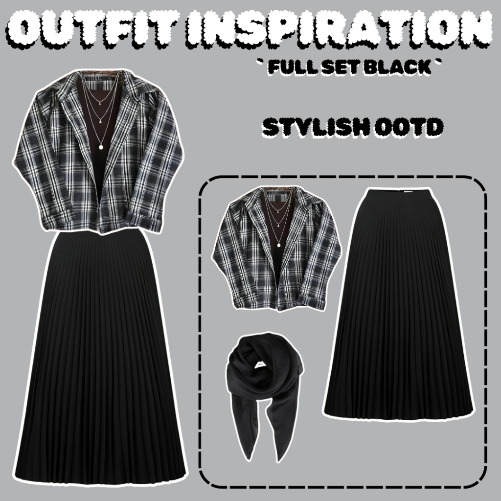 3 IN 1 Oneset Setelan Wanita - Kemeja Tartan + Rok Plisket + Hijab Bella New Style Tren OOTD - TP045