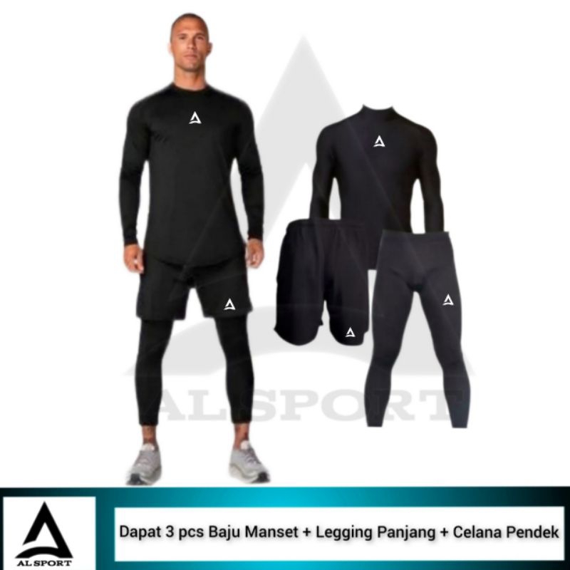 Full set Olahraga Pria Baju Manset Lengan Panjang Celana Pendek Legging