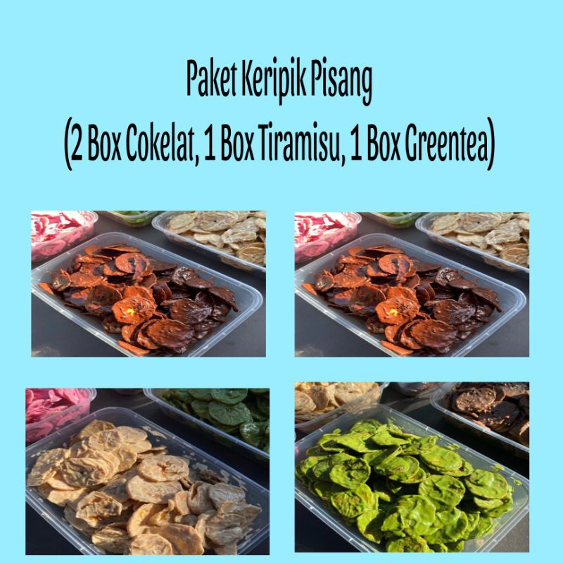

KERIPIK PISANG 2 BOX COKELAT, 1 BOX TIRAMISU, 1 BOX GREENTEA