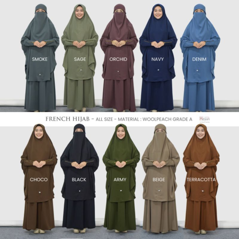 Set French Hijab Original 100% by Hijab Hayuri 100% | Termasuk Niqob / Cadar Bandana, dan Rok Lebar 