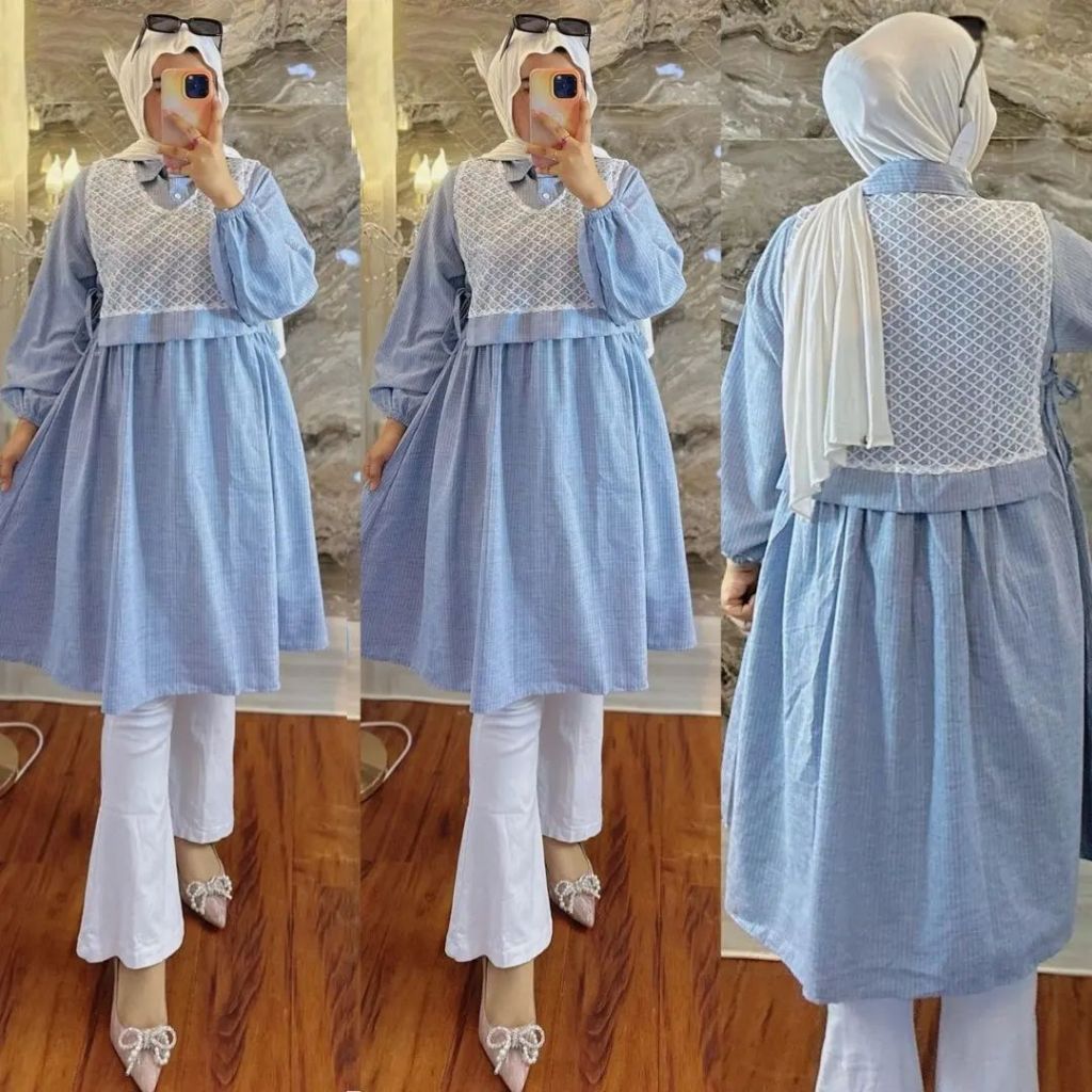 SABIRA LONG TUNIK MATT KATUN SALUR MIX BRUKAT / TUNIK ELEGAN SIMPLE / TUNIK WANITA ELEGAN MEWAH / TU