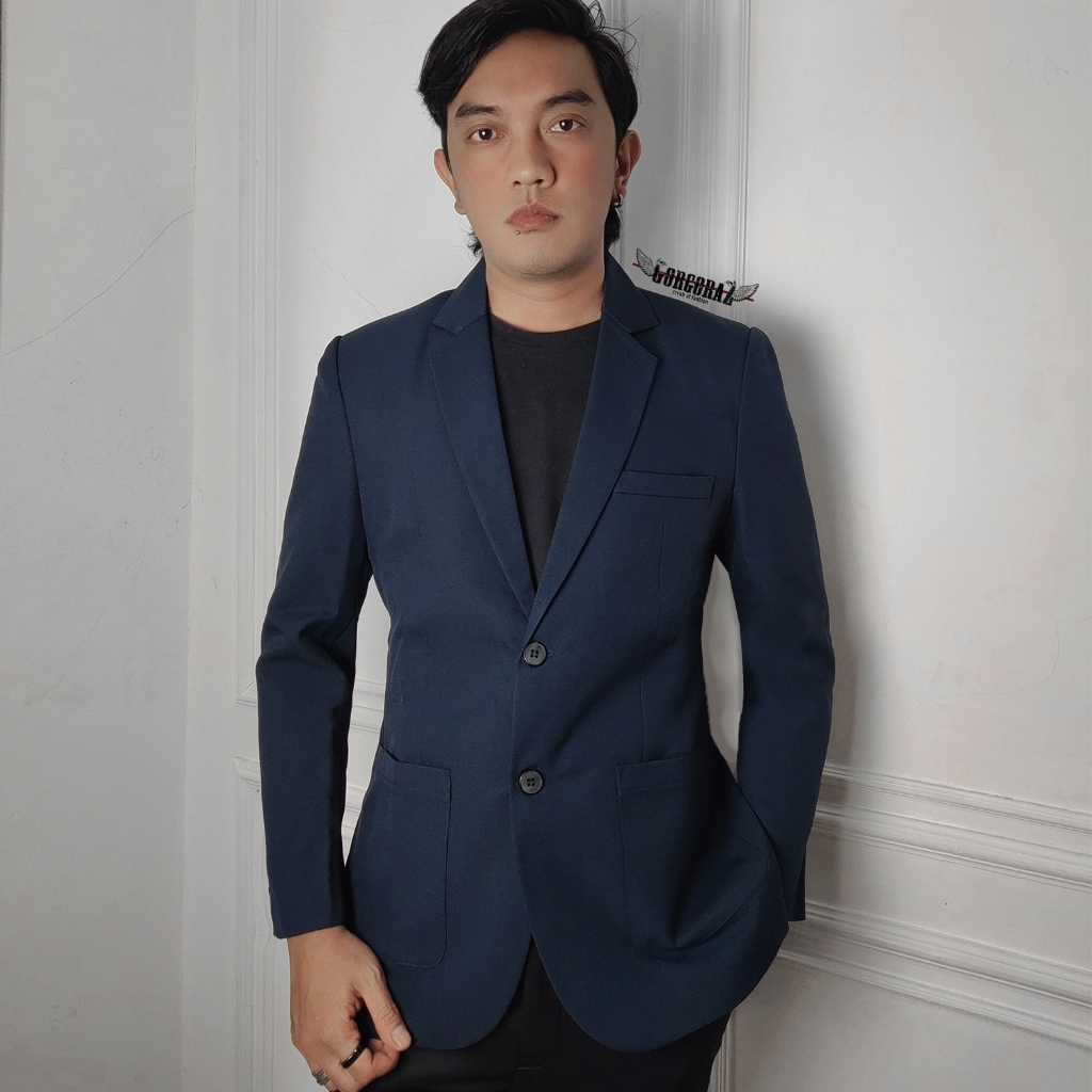jas pria blazer pria navy biru gelap dua kancing premium cutting slimfit doff