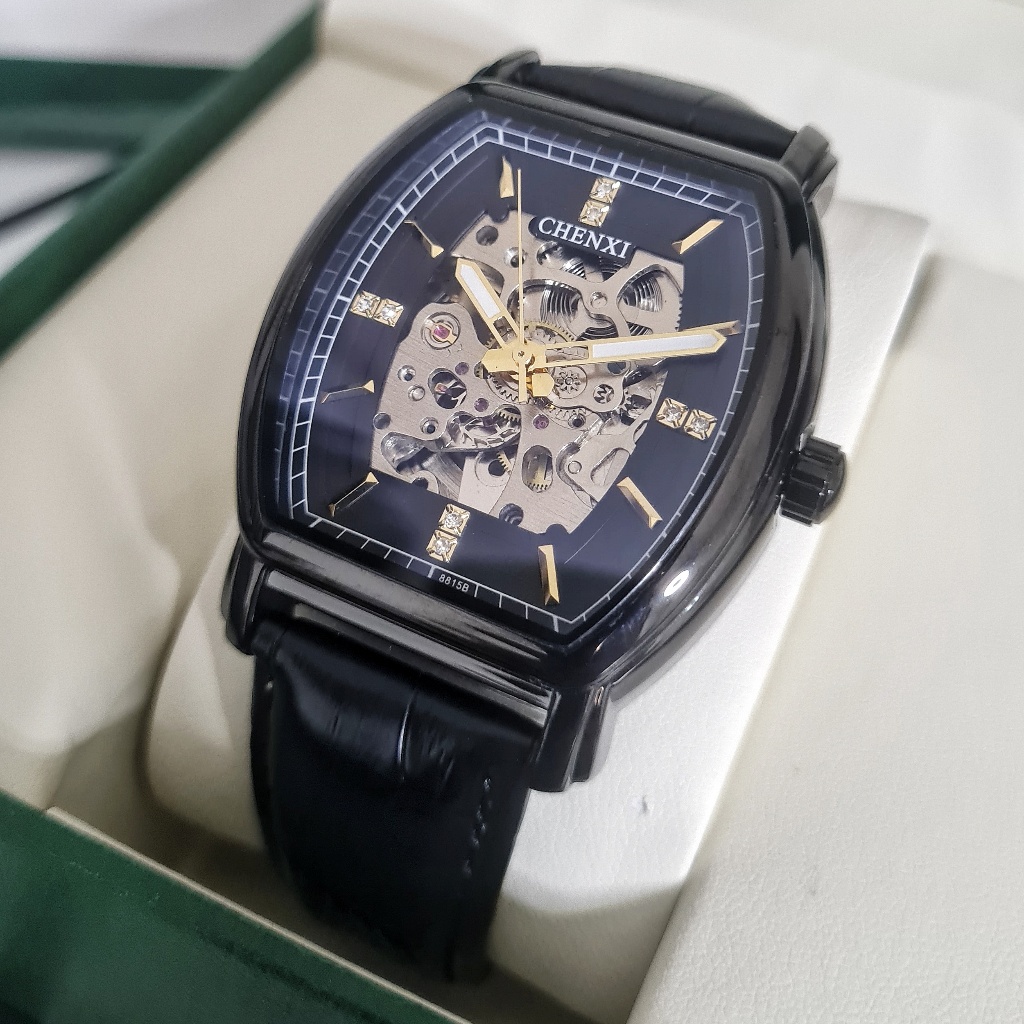 CHENXI Refuga Jam Tangan Pria Original Automatic Otomatis Hitam Tanpa Baterai Anti Air Skeleton