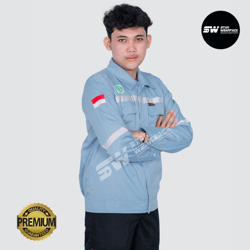 Star Wearpack - Seragam  Atasan Model Resleting Warna Biru Muda Telor Asin Lengan Panjang