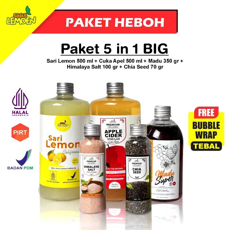 

PAKET HEBOH 5 IN 1 CUKA APEL 250 ml + SARI LEMON 500 ml + MADU HUTAN 350 gr + CHIA SEEDS 70 ml + GARAM HIMALAYA 100 gr