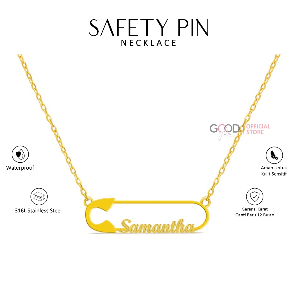 Safety Pin Necklace - Kalung Nama TItanium Wanita /Name Necklace 316L Stainless Steel Lapis Emas 18K