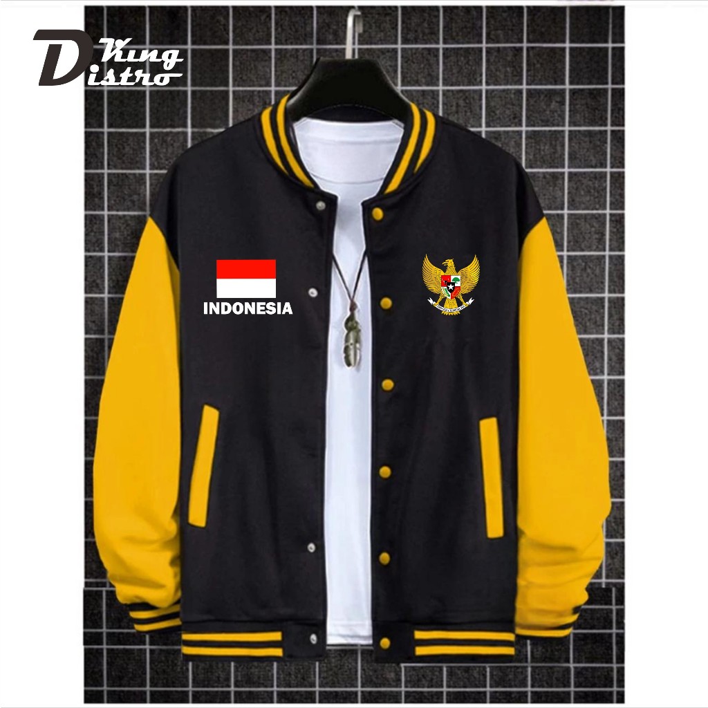 [ Cod ] Jaket Baseball Varsity Kancing Garuda + Bendera + Indonesia Kirka Text Putih Jaket Varsity
