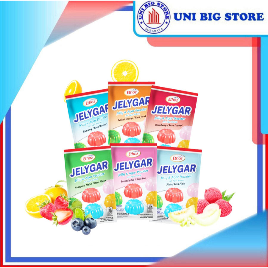 

Ethoz Jelygar Jelly Agar Powder Jellygar Blueberry | Orange | Melon | Lychee | Strawberry 12 gr