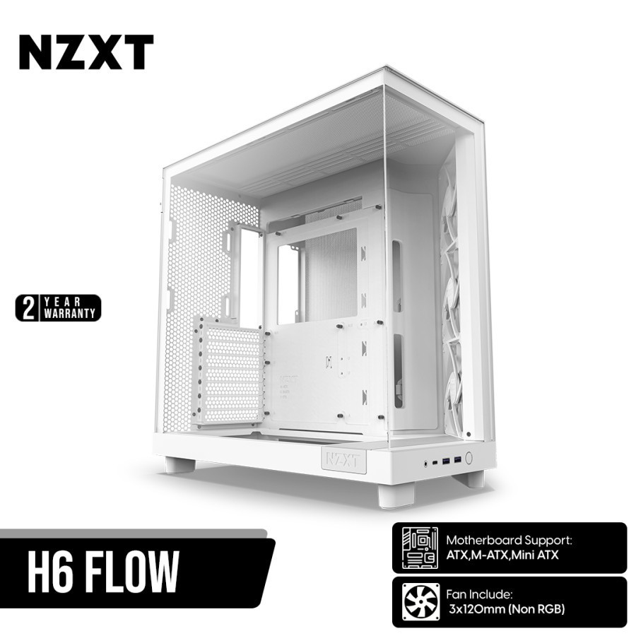 NZXT H6 Flow Compact Dual-Chamber Mid-Tower Airflow ATX Case - Putih