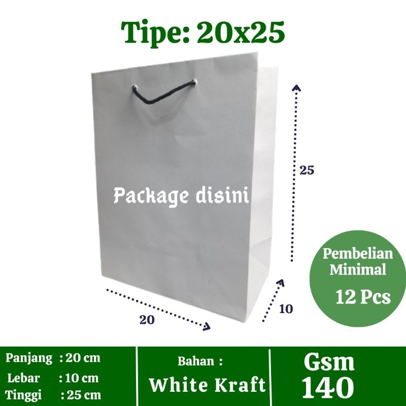 

Paperbag 20x25 tas putih (White kraft), tas kertas murah P20 L10 T25