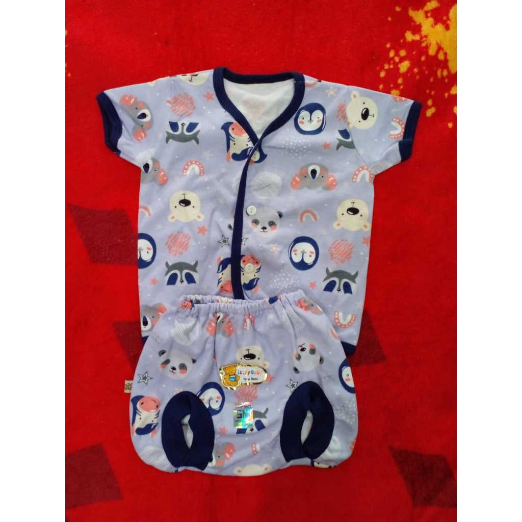 LUCKY BABY Setelan Baju Bayi Lengan Pendek dan Celana Pop Bayi Baru Lahir