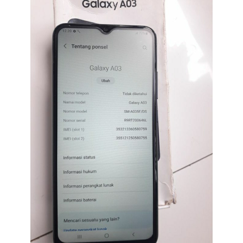 Samsung A03 3/32 Black hp dan kotak bekas garansi Resmi ( Second )