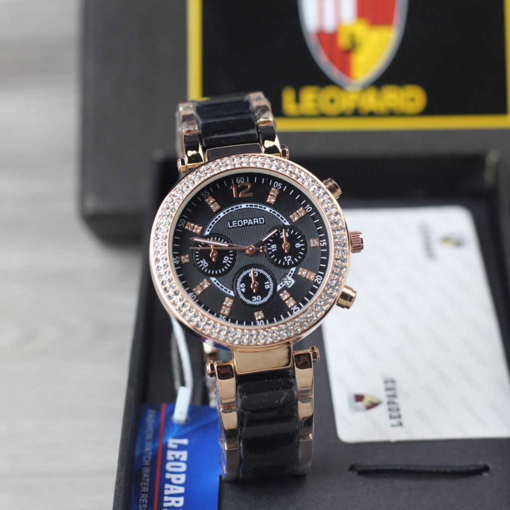 Jam tangan Wanita Leopard 2860 tanggal aktif chrono off tali rantai keramik analog original