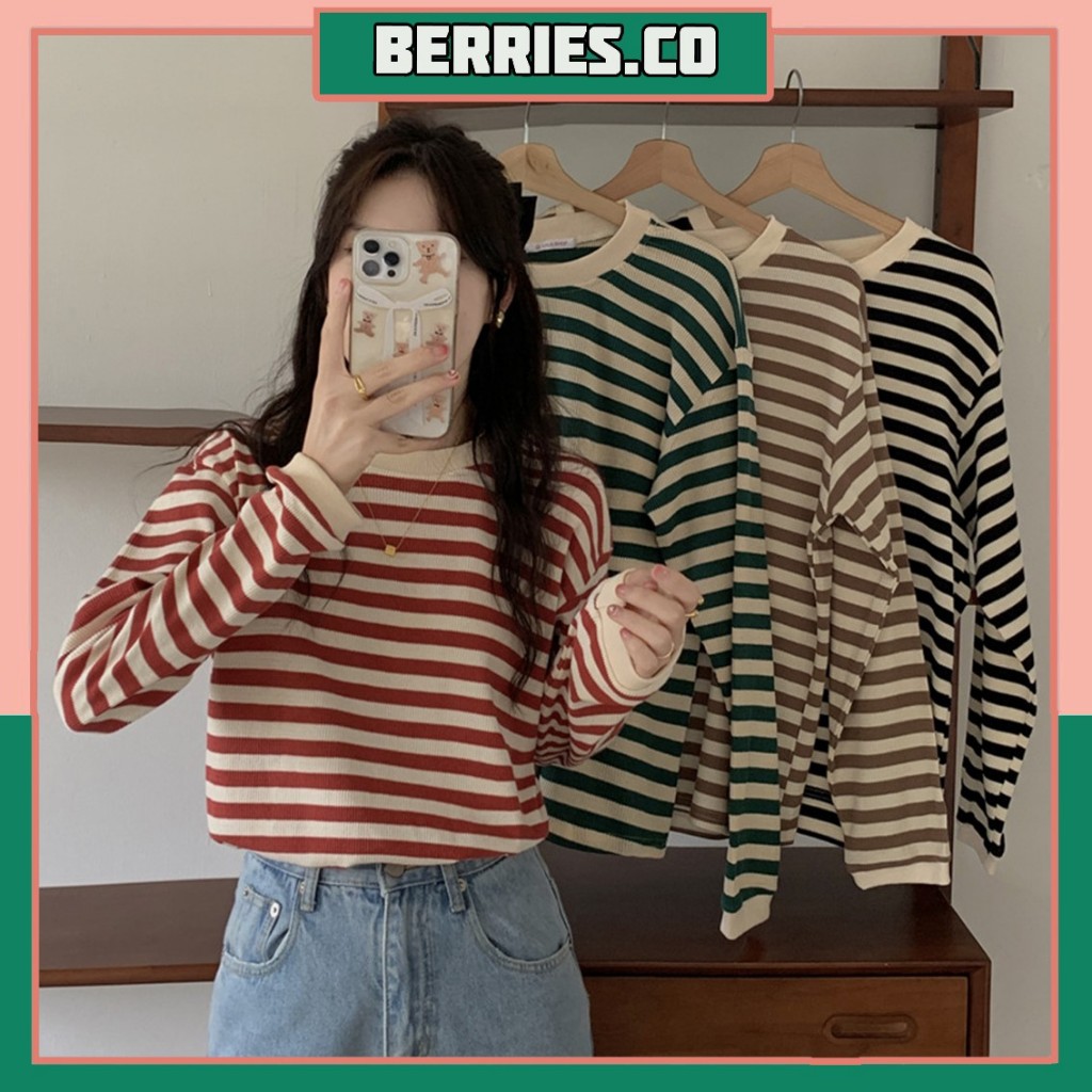 BRI*BJ1685 Baju Atasan Rajut Wanita Motif Belang lengan Panjang Rajut Korea Top Salur Fashion