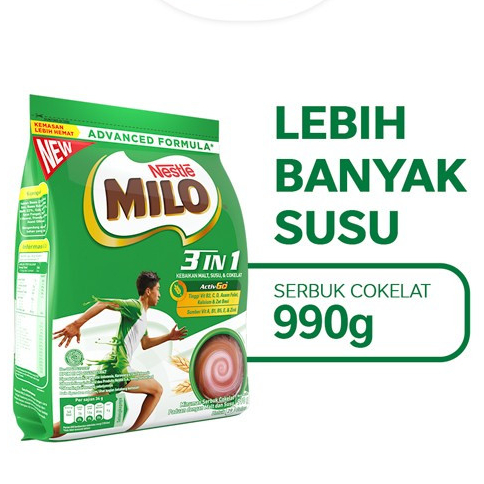 

SUSU NESTLE MILO 3 IN 1 ACTIGEN berat 990gr susu cokelat bubuk