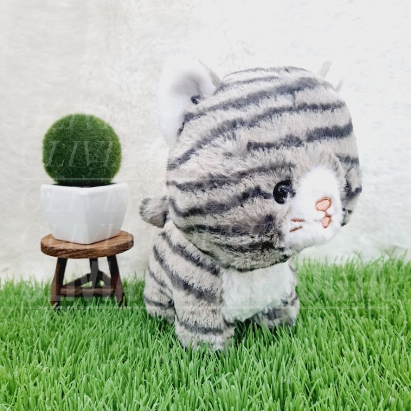 Boneka Baby Cat Standing Isi Pasir Boneka Kucing Grey Taby Boneka Kucing Loreng Abu
