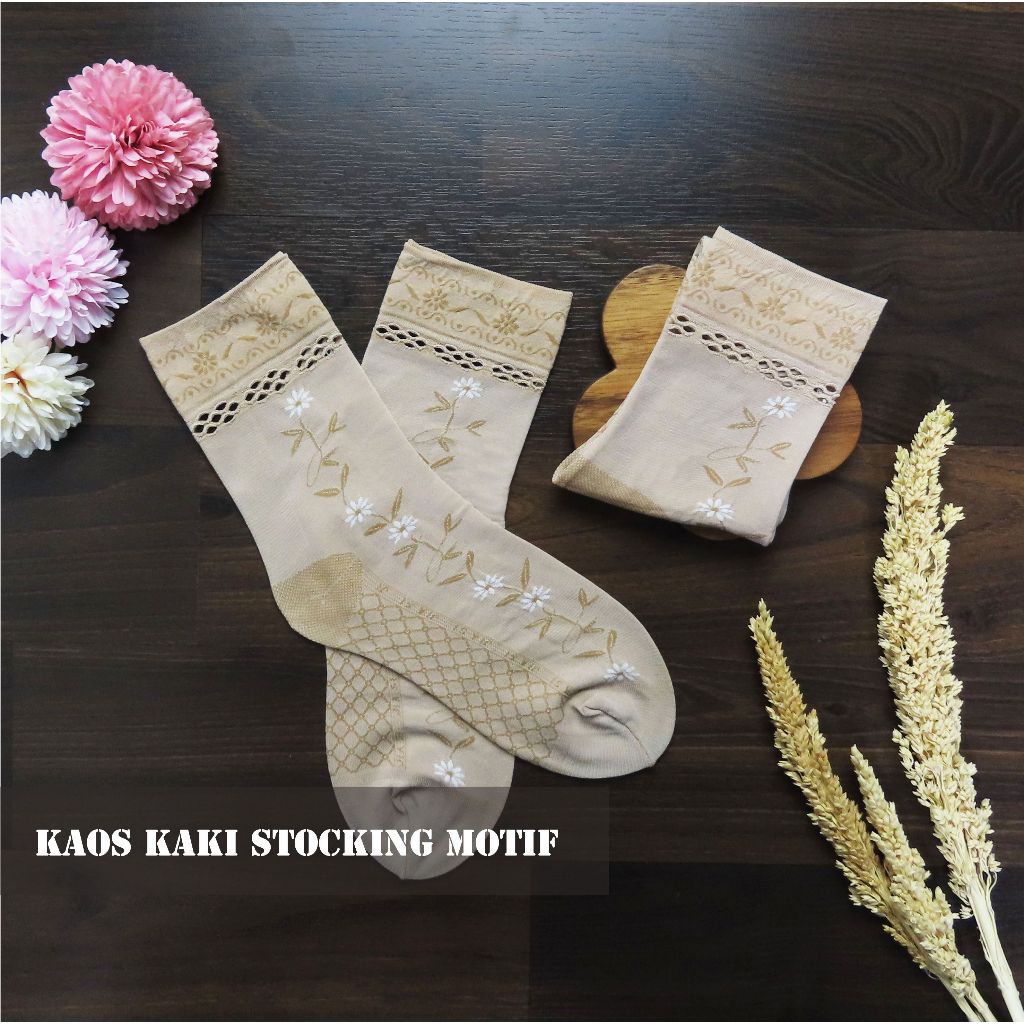 Kaos Kaki Stocking Korea Motif Bunga Bordir Wanita