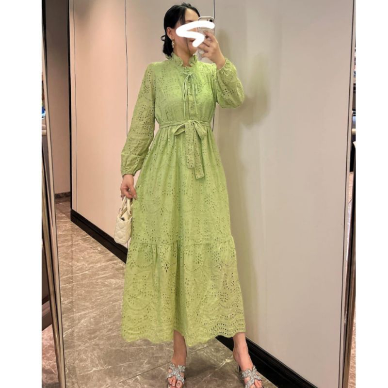 58600 Baju maxidress SHARMA EMBROIDERED COTTON KATBOL katun bolong maxi dress lengan panjang dres Ko