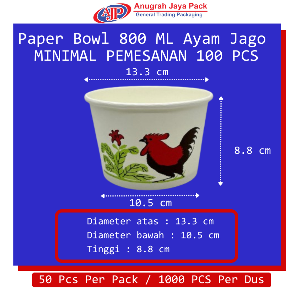 Paper Bowl Ayam Jago 800 ML / Mangkuk Kertas 800 ML Ayam Jago