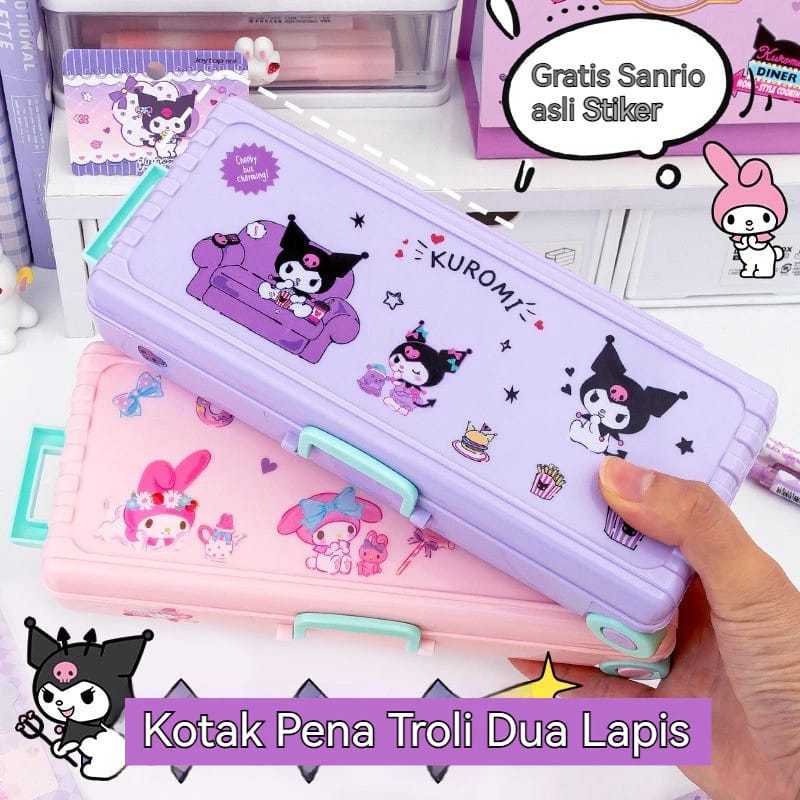 

kotak pensil anak, pencil box karakter sanrio free sticker, kotak pensil bertingkat