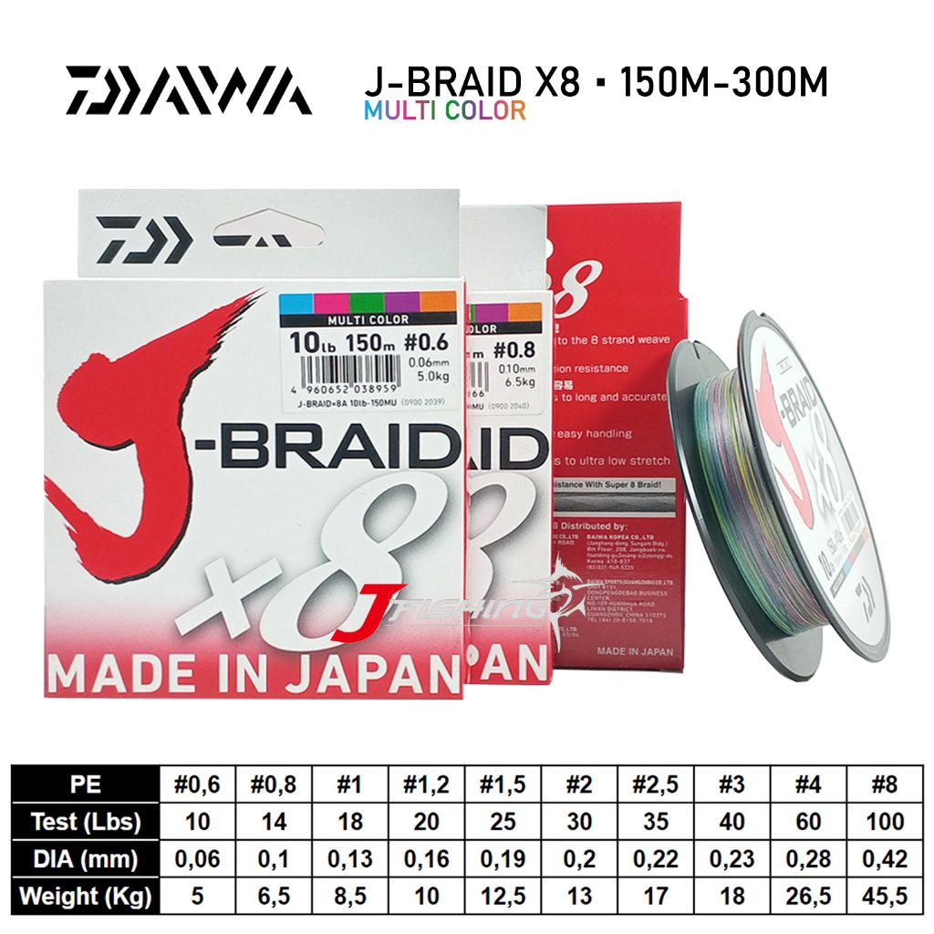 Senar PE DAIWA J-Braid X8 150M | 10 s/d 60 Lbs | Multi Color | Senar PE