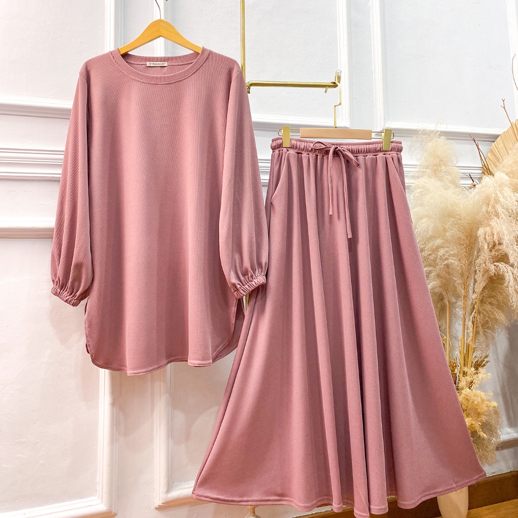Setelan Rok dan Celana Baju Kurung Waffle Knit Premium - JV Hasanah Oneset Baju Kurung Oval Waffle K