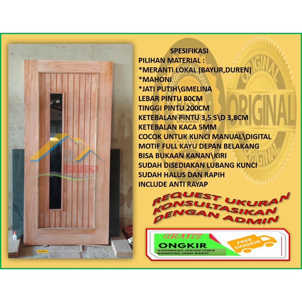 KUSEN+PINTU VARIASI KACA 80X200CM KAYU MAHONI PERHUTANI,JATI PUTIHGMELINA