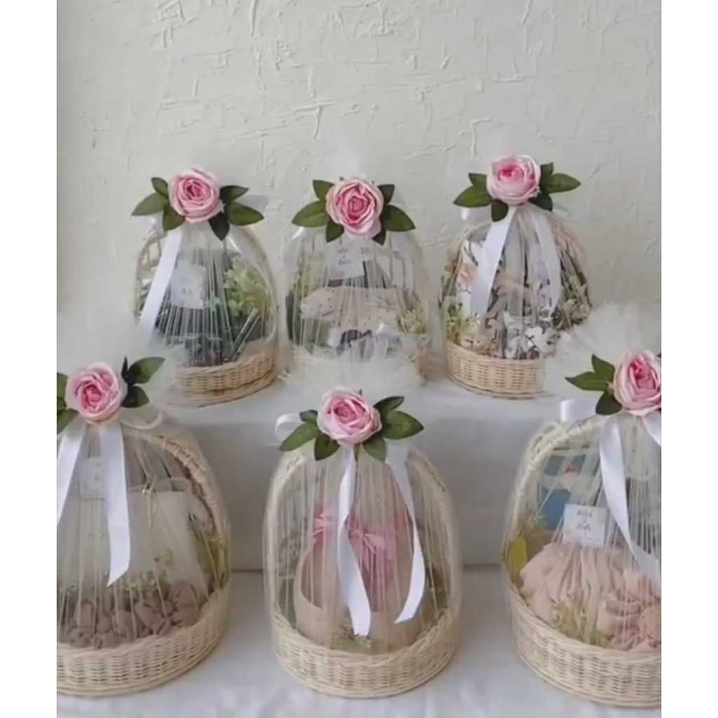 Keranjang Hantaran Rotan Parcel Sangkar Rotan isi 3pcs Gratis Kain Tile Dan Bunga Artefac